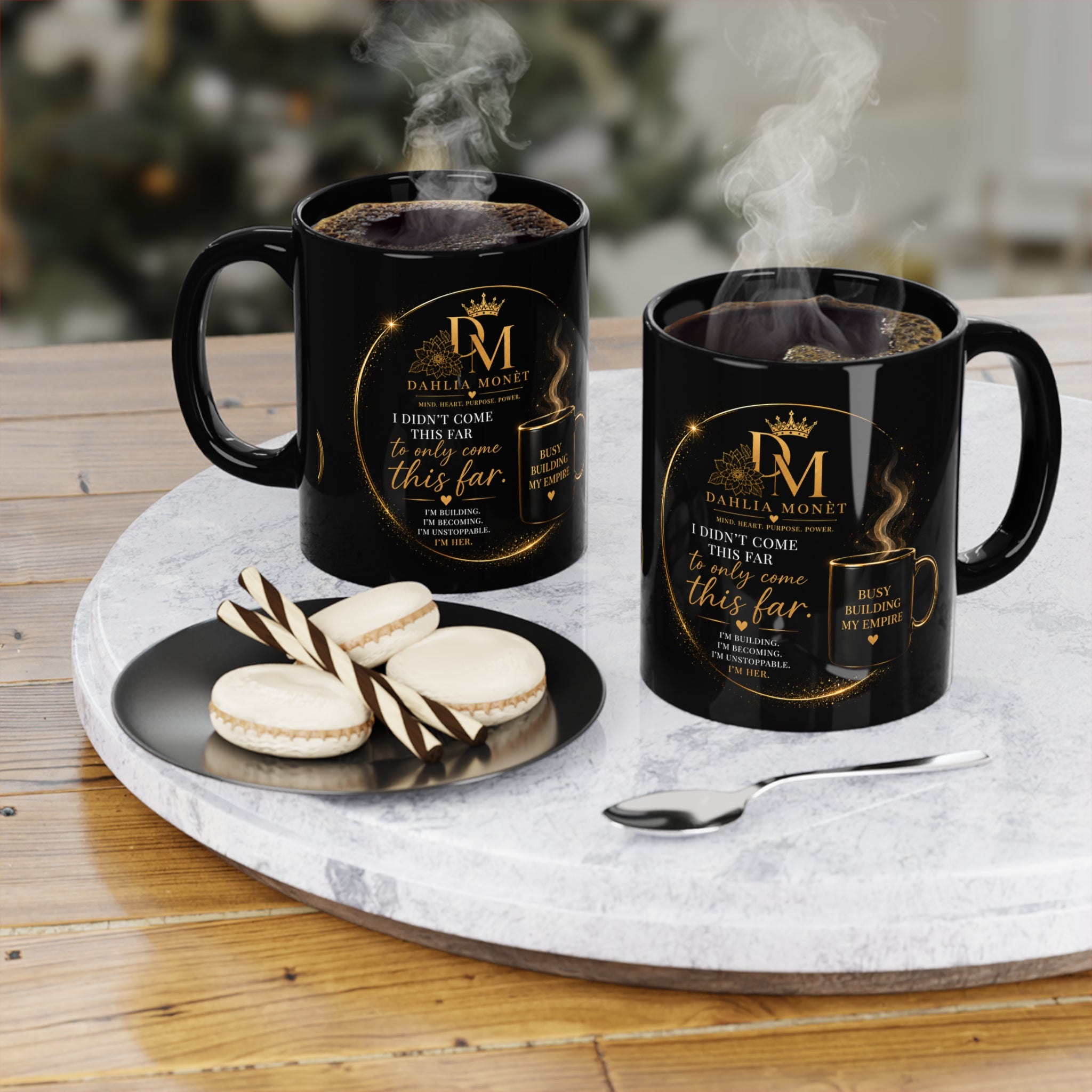 Black Coffee Mug — Elegant Gold Script Memorial Design (11oz)