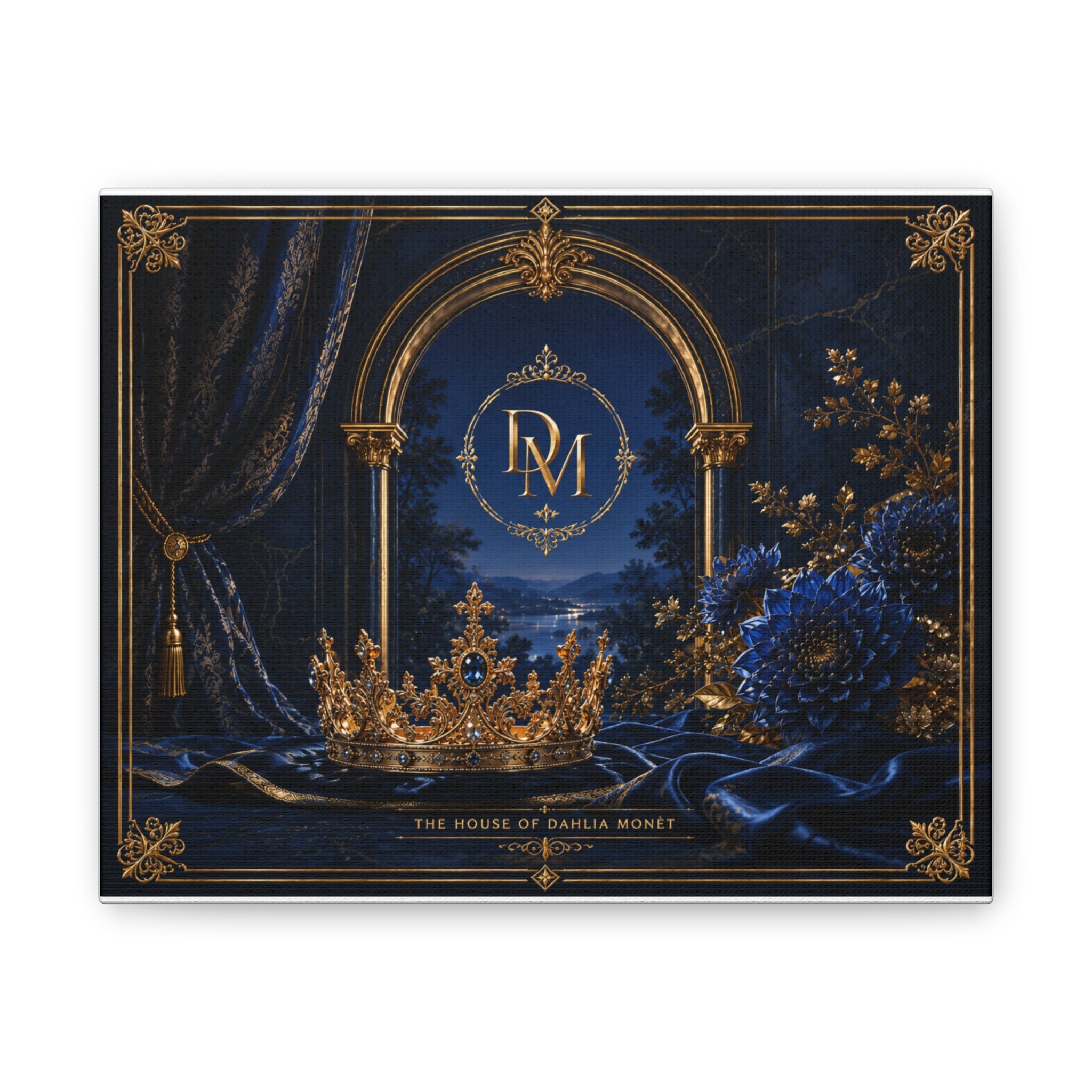 Royal Crown Canvas Print – 'The House of Dahlia Monet' Elegant Blue & Gold Wall Art