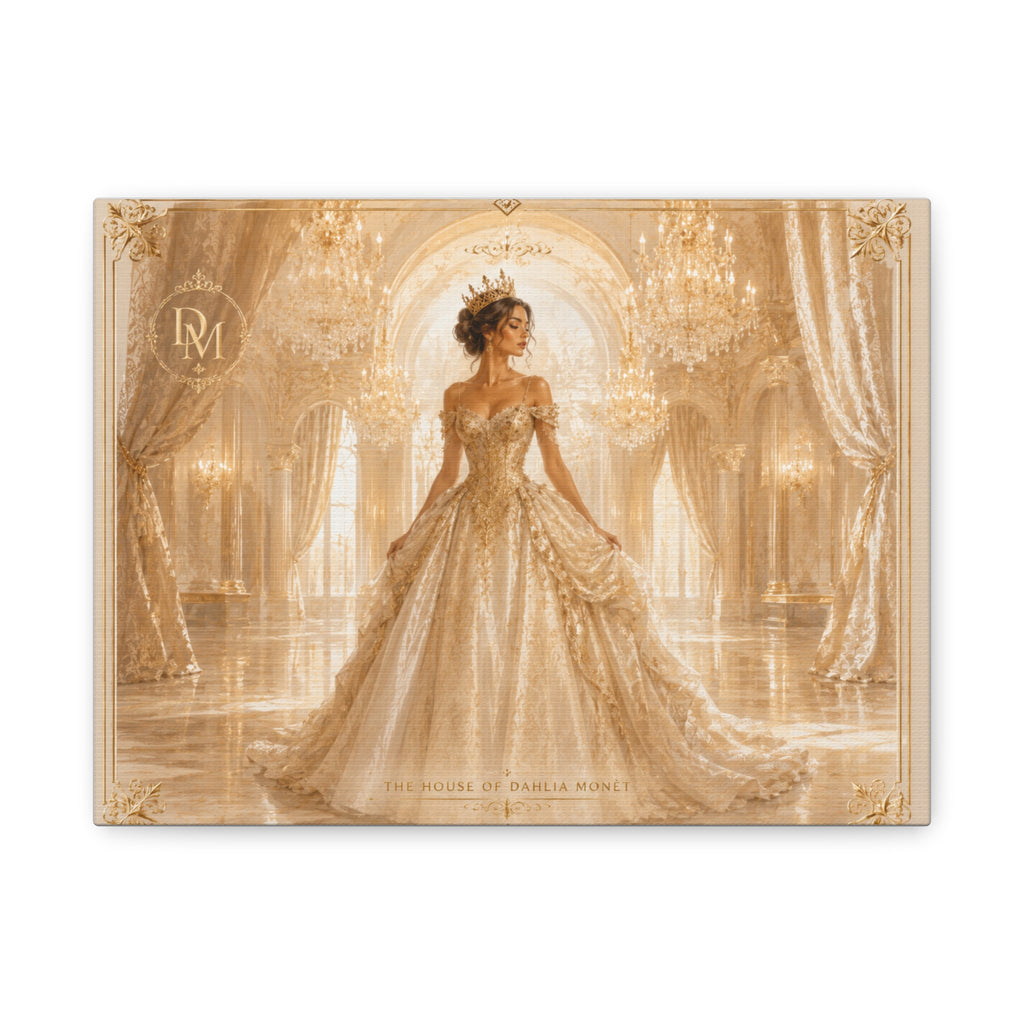 Regal Golden Ballroom Canvas Print — Elegant Princess Gown Wall Art