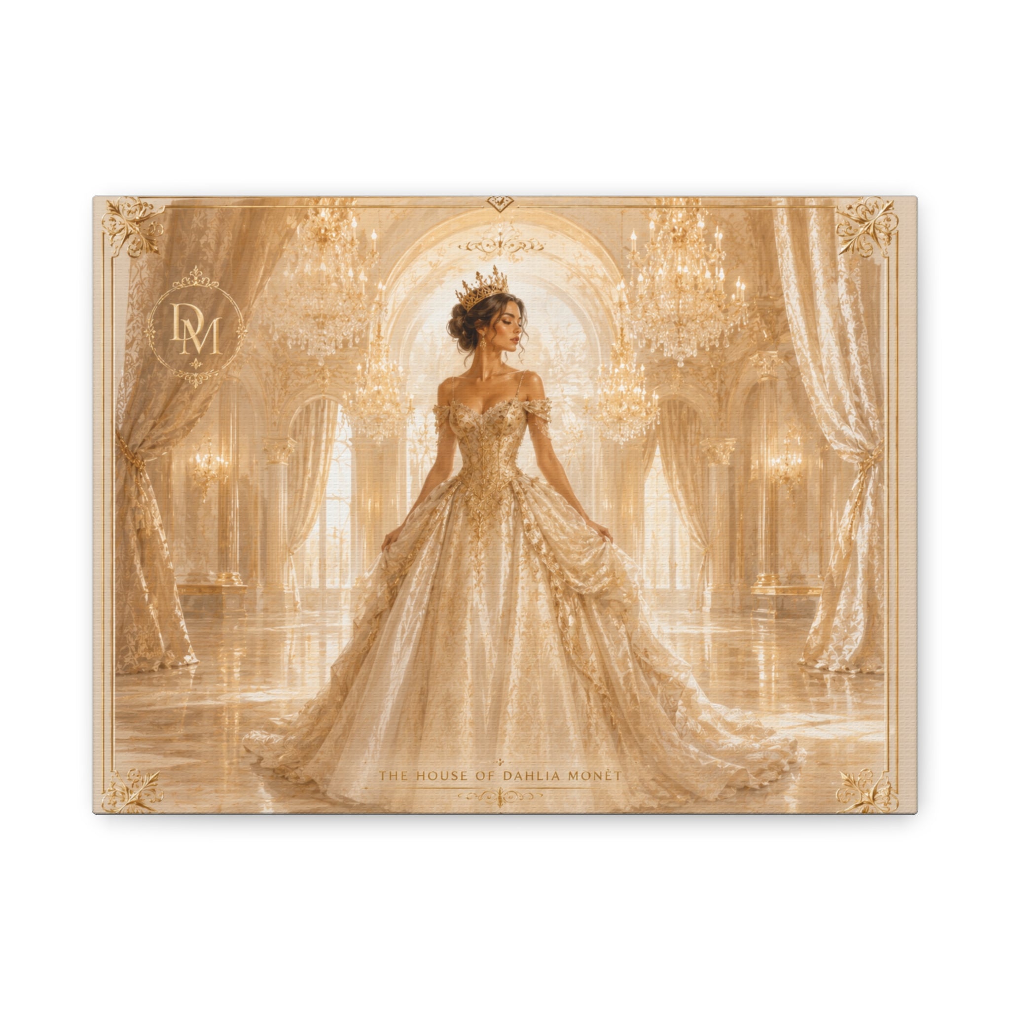 Regal Golden Ballroom Canvas Print — Elegant Princess Gown Wall Art