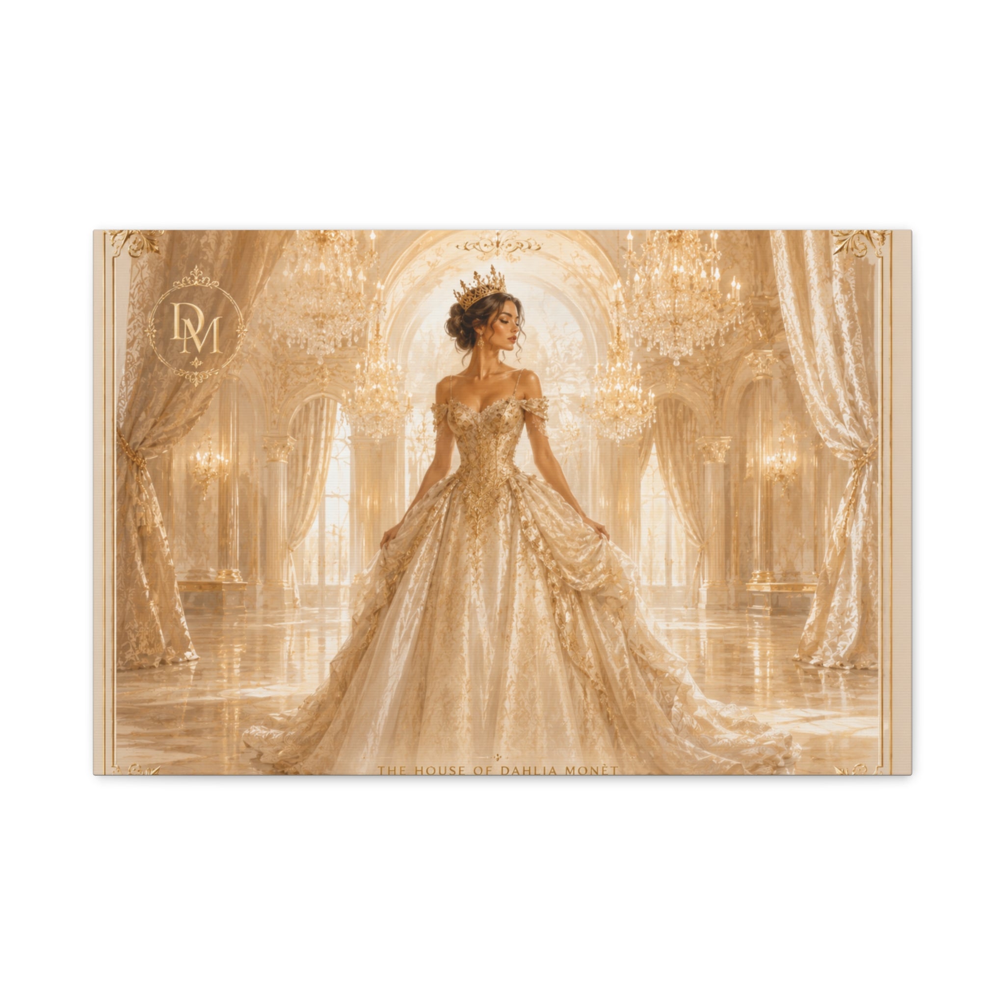 Regal Golden Ballroom Canvas Print — Elegant Princess Gown Wall Art