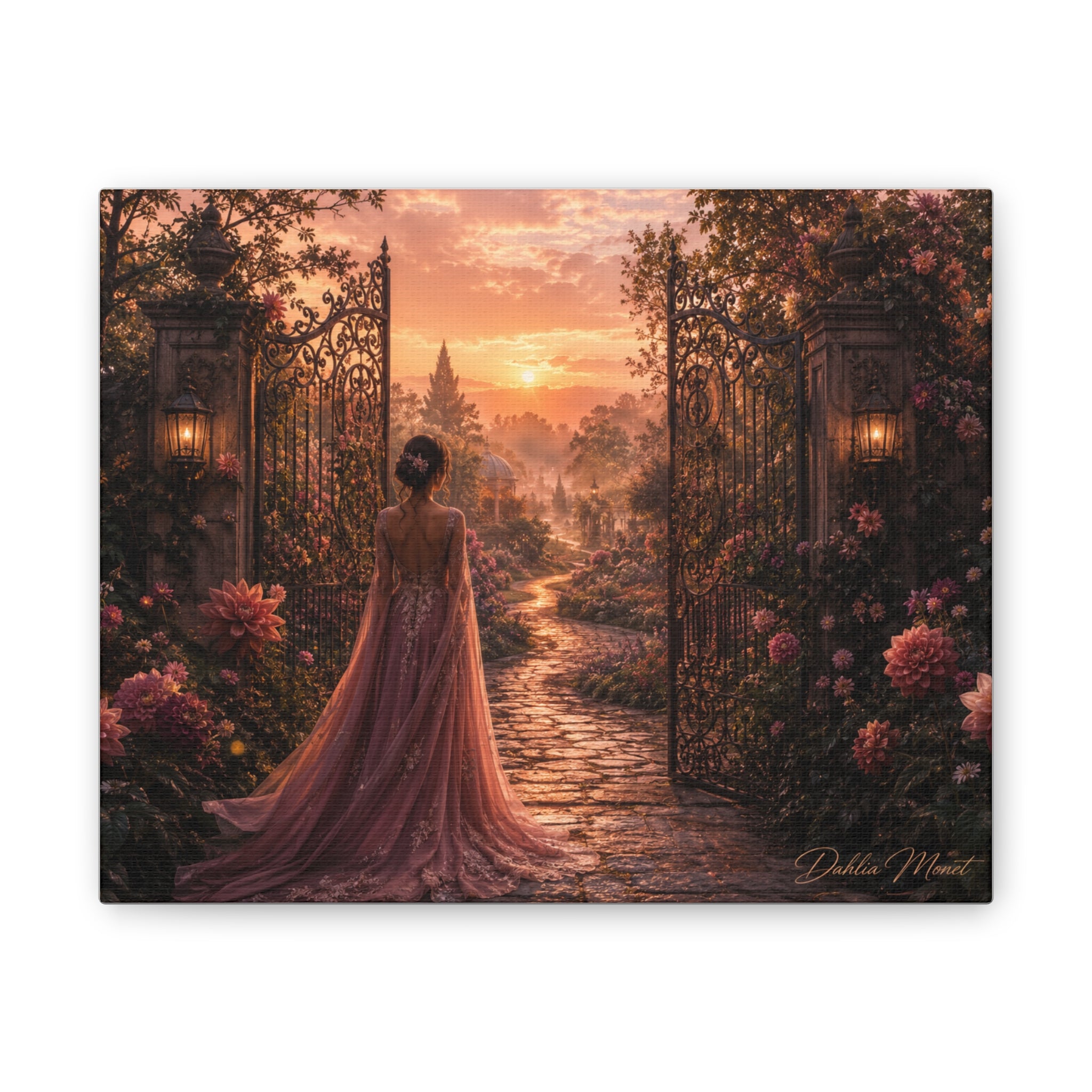Enchanted Garden Canvas – Woman in Gown at Sunset Stretched Print