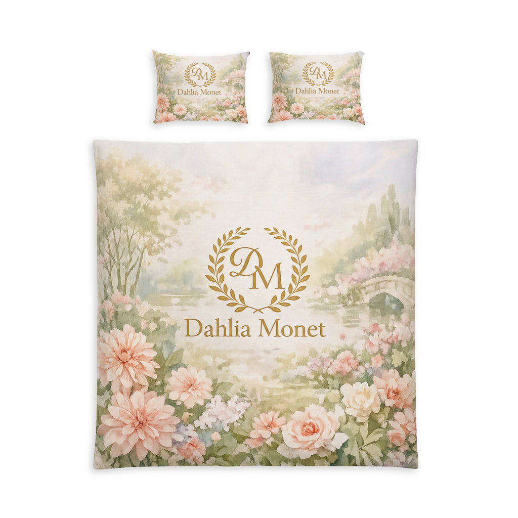 Dahlia Monet Floral Cotton Bed Set – Pastel Garden Duvet Cover & Pillowcases