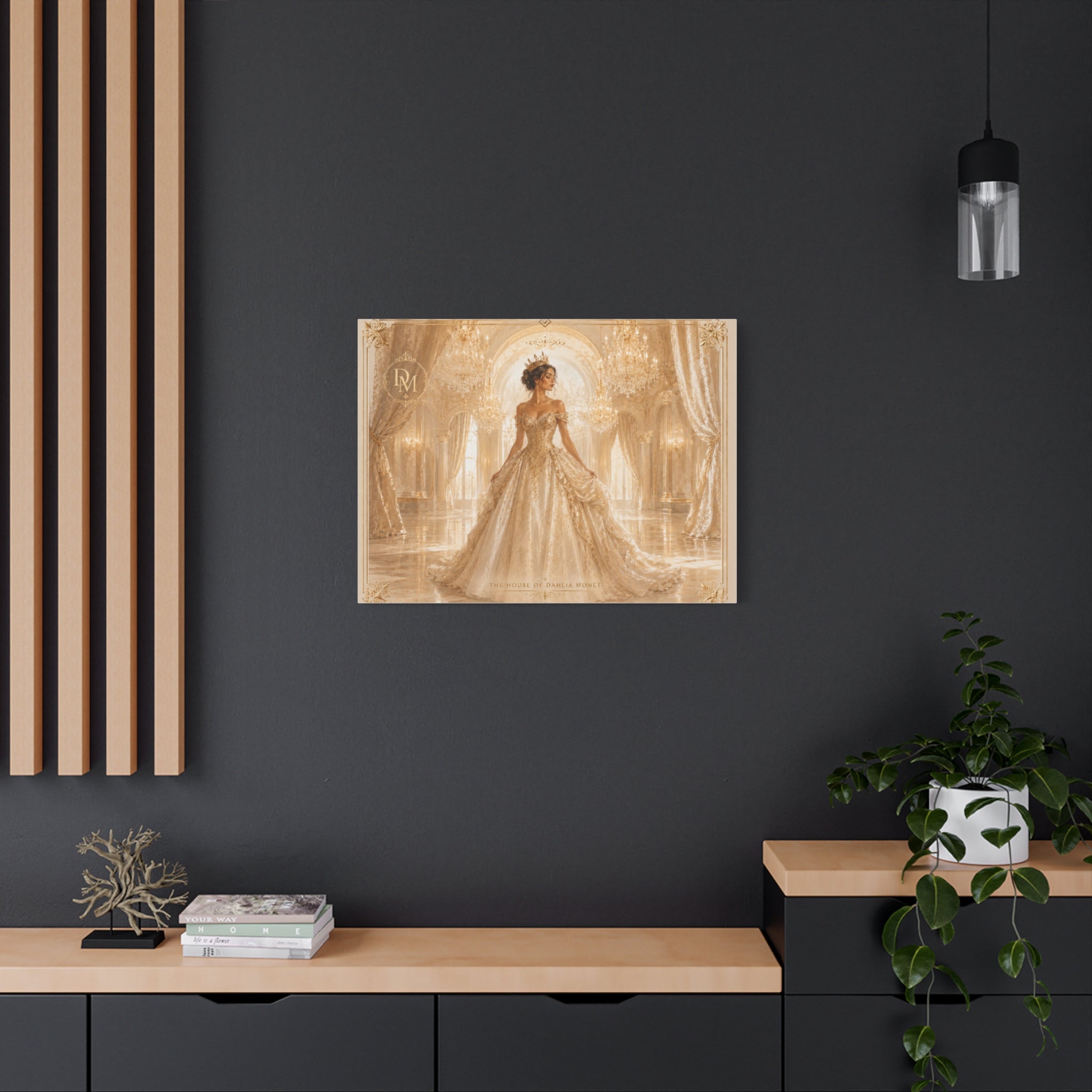 Regal Golden Ballroom Canvas Print — Elegant Princess Gown Wall Art