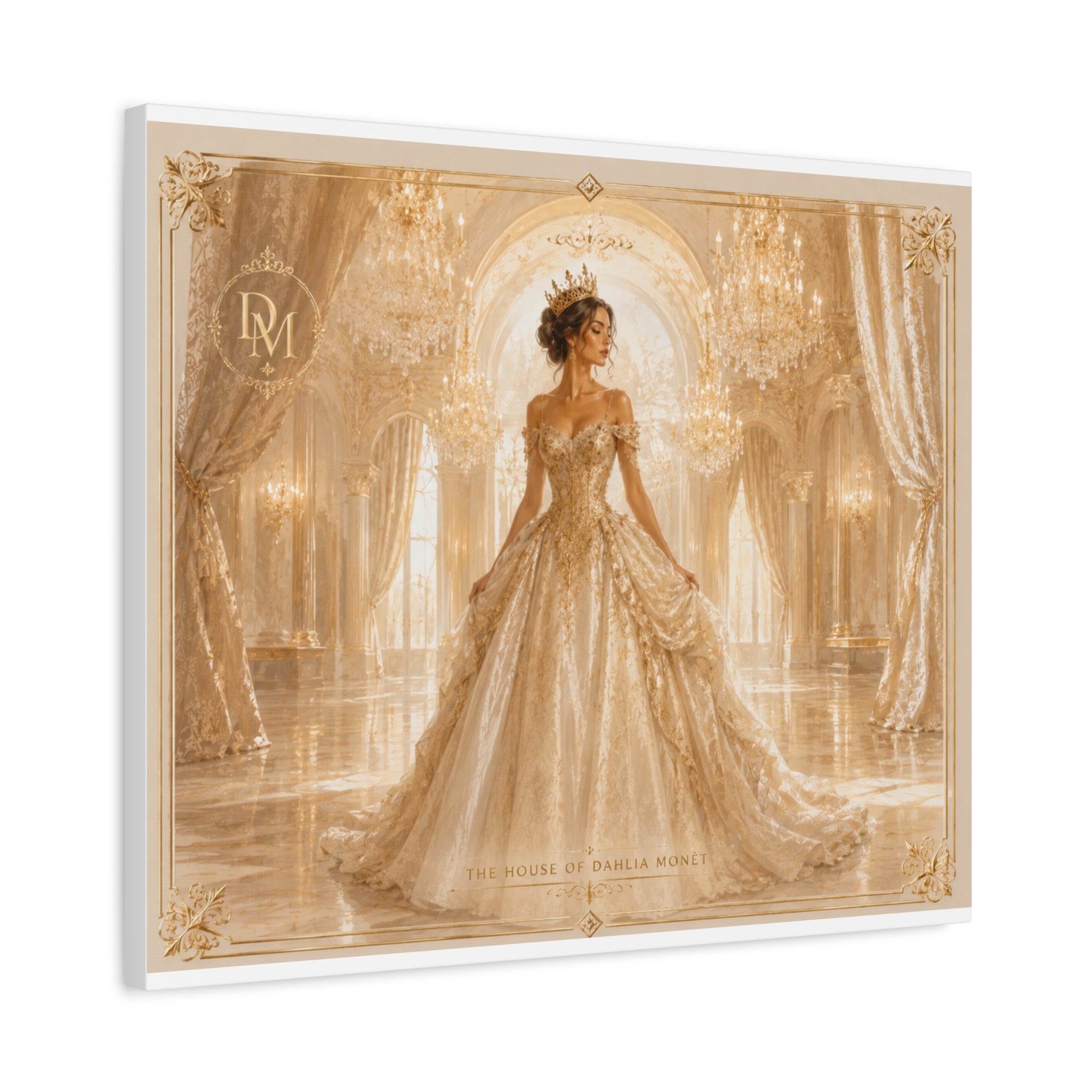 Regal Golden Ballroom Canvas Print — Elegant Princess Gown Wall Art