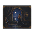 Moonlit Elegance Canvas Print — Woman in Gown by Window (Matte Stretched)
