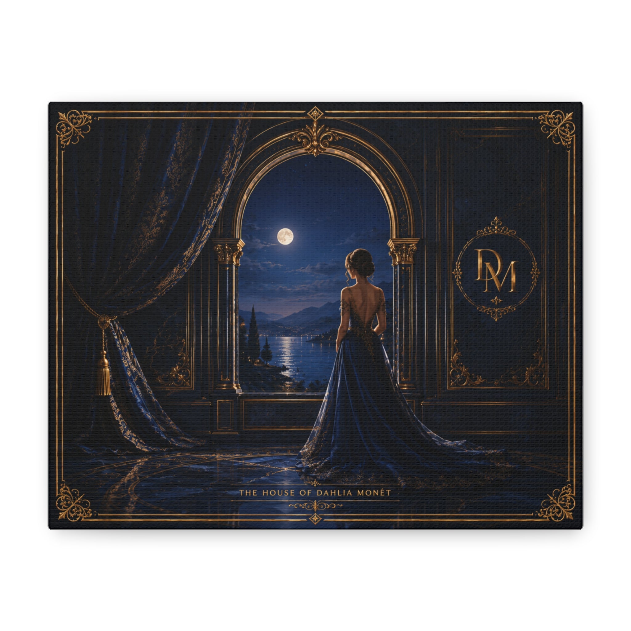 Moonlit Elegance Canvas Print — Woman in Gown by Window (Matte Stretched)