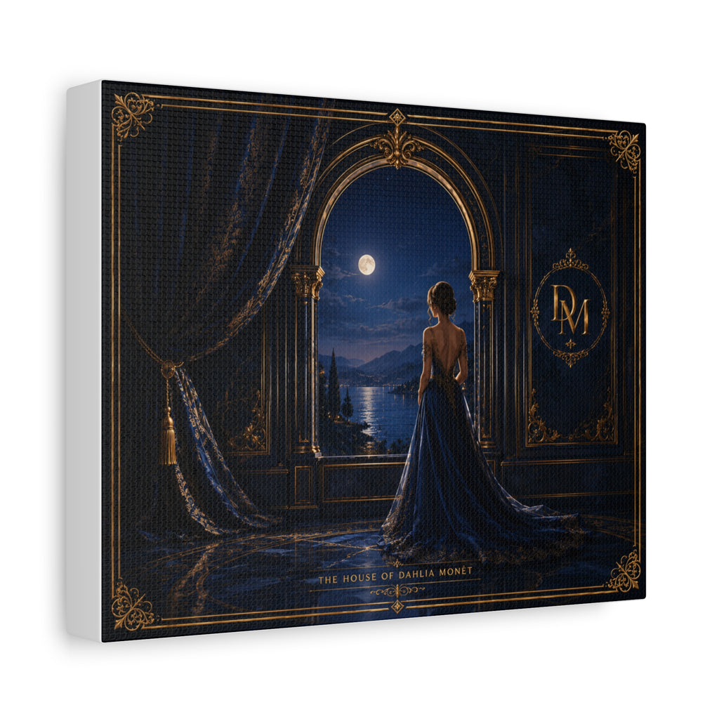 Moonlit Elegance Canvas Print — Woman in Gown by Window (Matte Stretched)