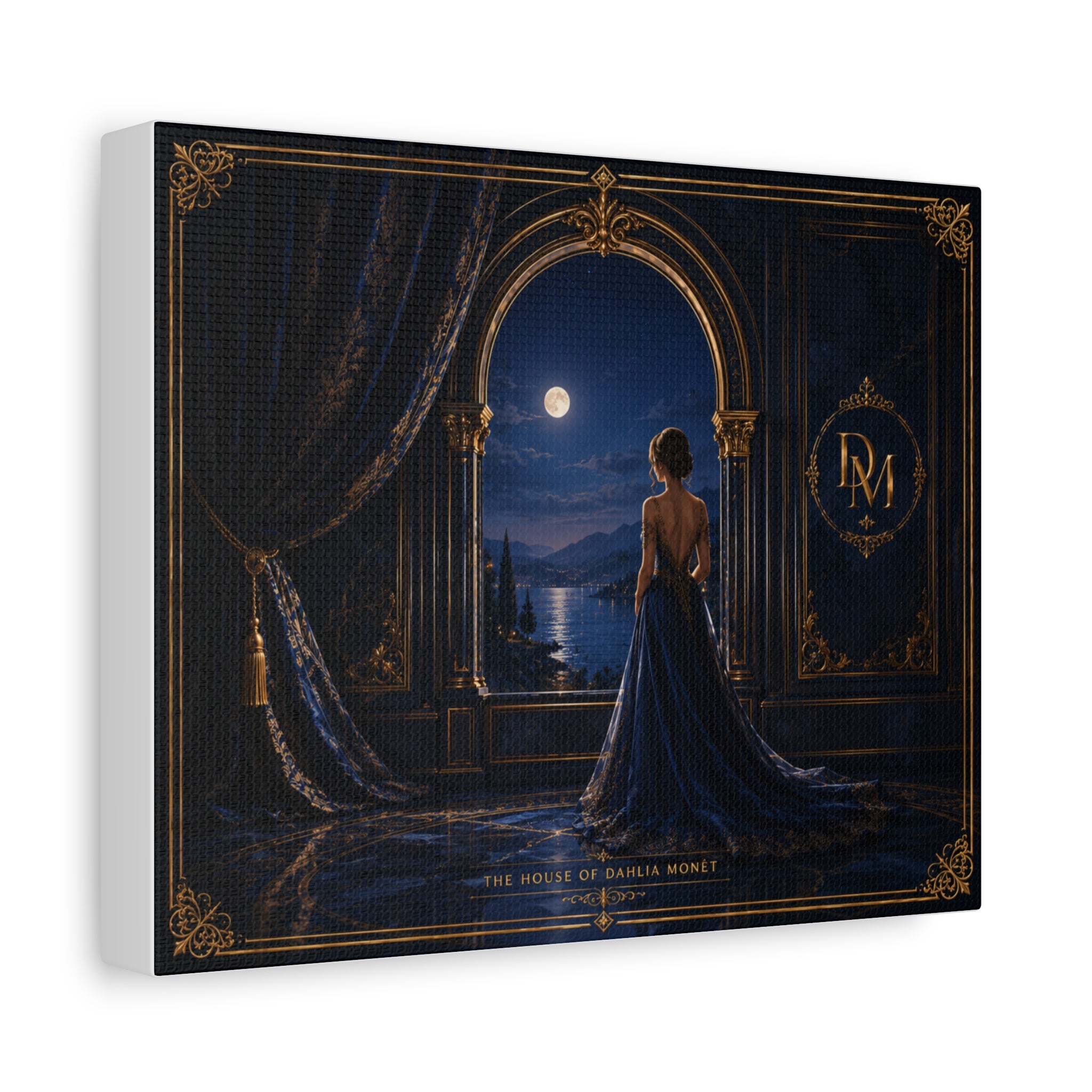 Moonlit Elegance Canvas Print — Woman in Gown by Window (Matte Stretched)