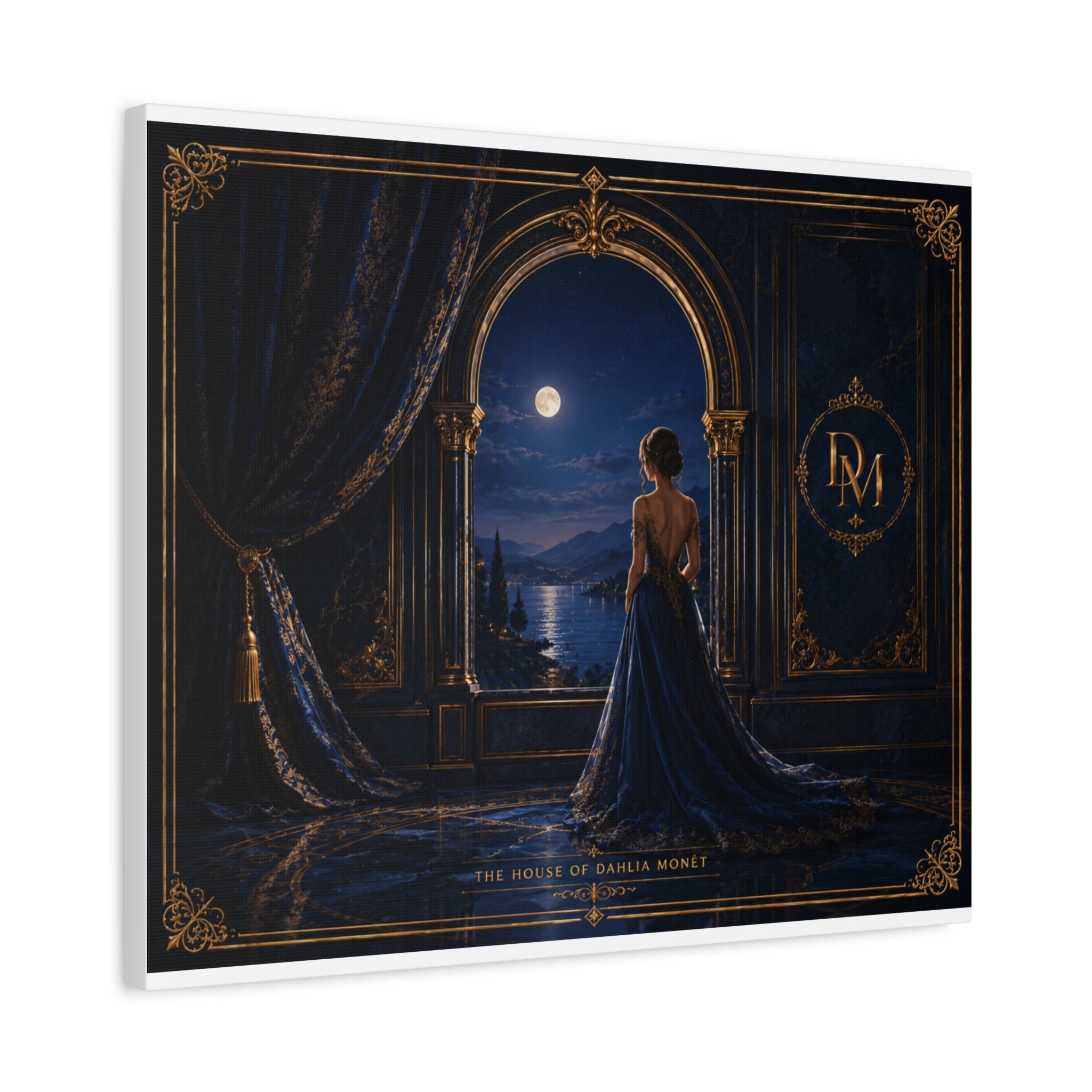 Moonlit Elegance Canvas Print — Woman in Gown by Window (Matte Stretched)