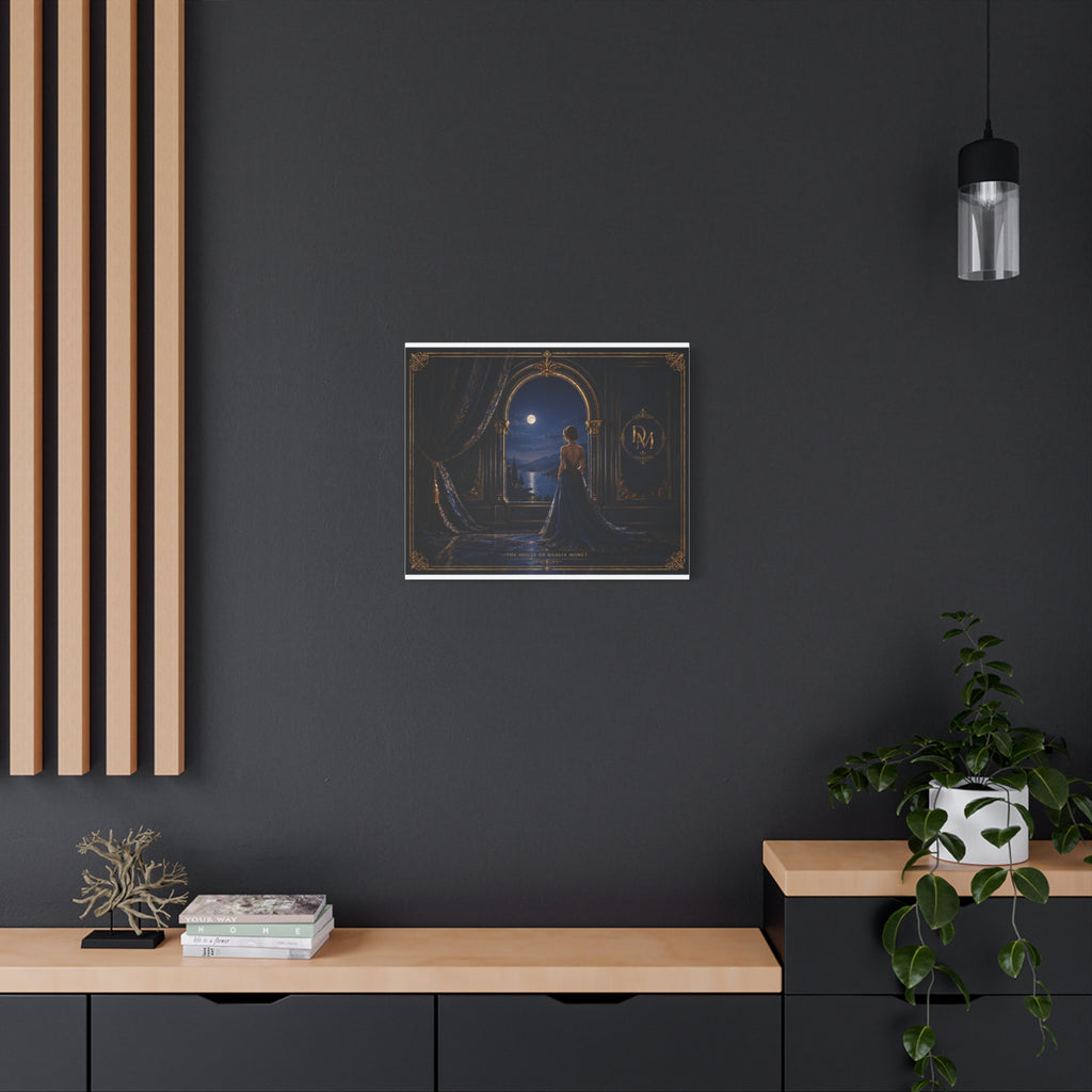 Moonlit Elegance Canvas Print — Woman in Gown by Window (Matte Stretched)