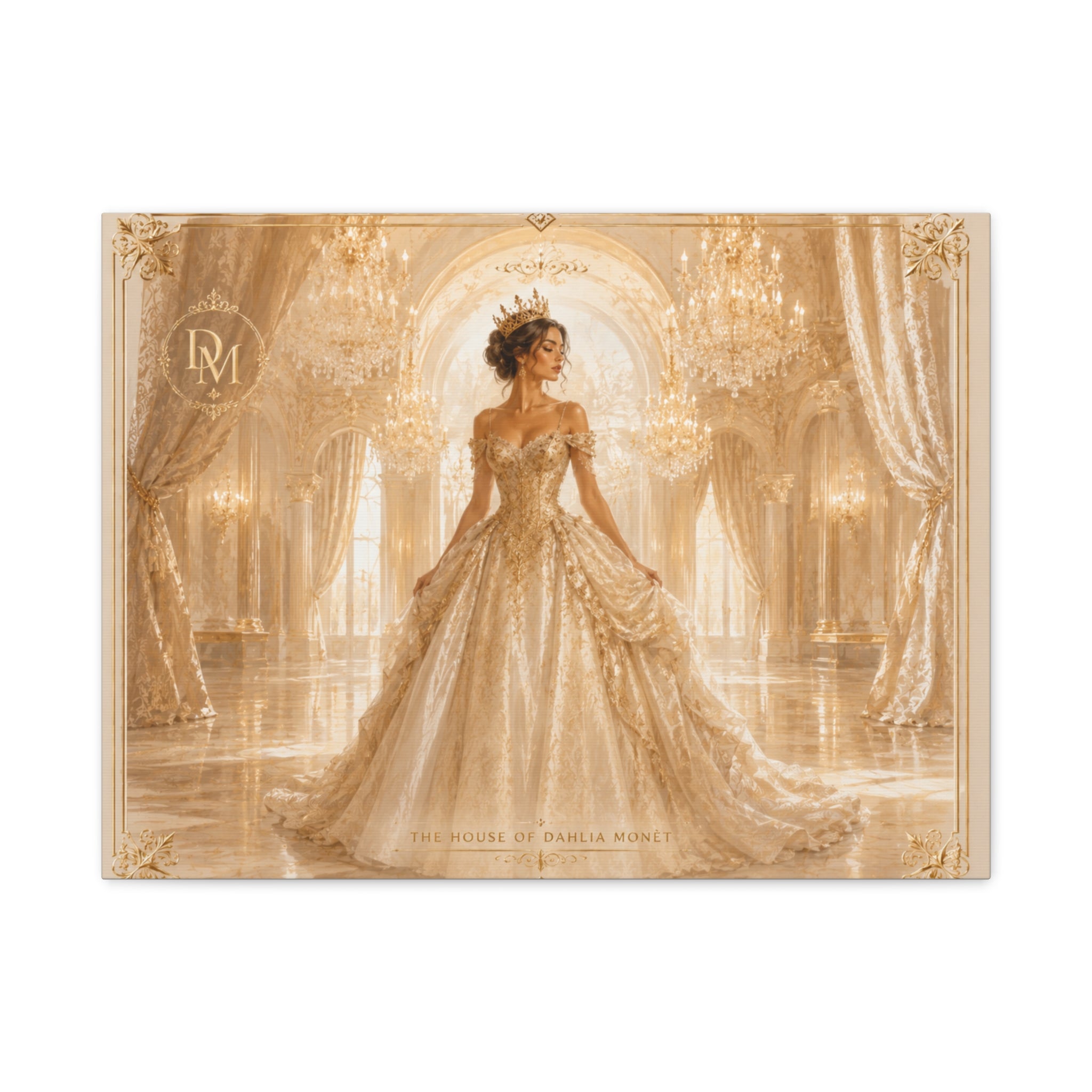 Regal Golden Ballroom Canvas Print — Elegant Princess Gown Wall Art