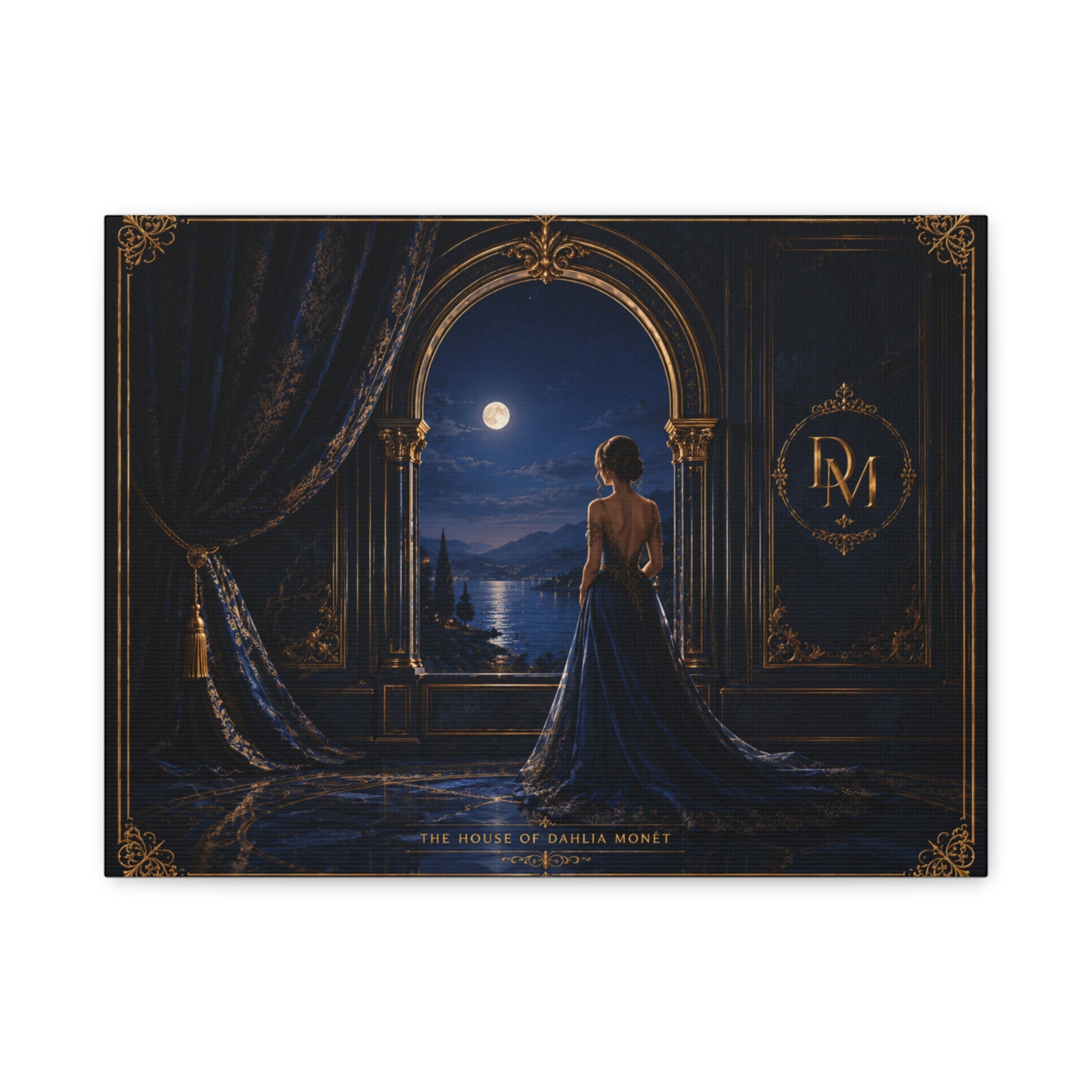 Moonlit Elegance Canvas Print — Woman in Gown by Window (Matte Stretched)
