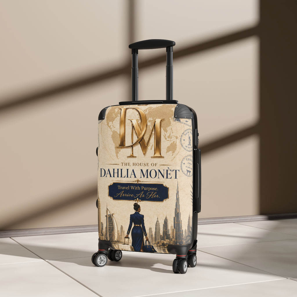 Dahlia Monet Branded Travel Suitcase – Vintage Cityscape Carry-On with 'The House of Dahlia Monet' Design