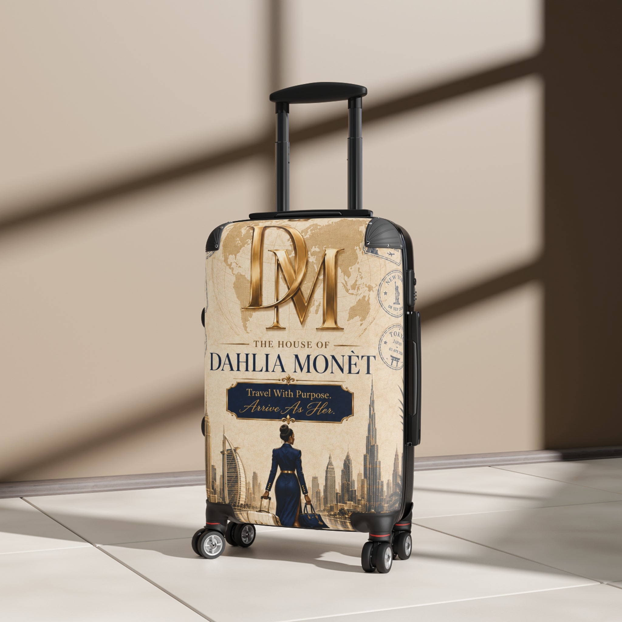Dahlia Monet Branded Travel Suitcase – Vintage Cityscape Carry-On with 'The House of Dahlia Monet' Design