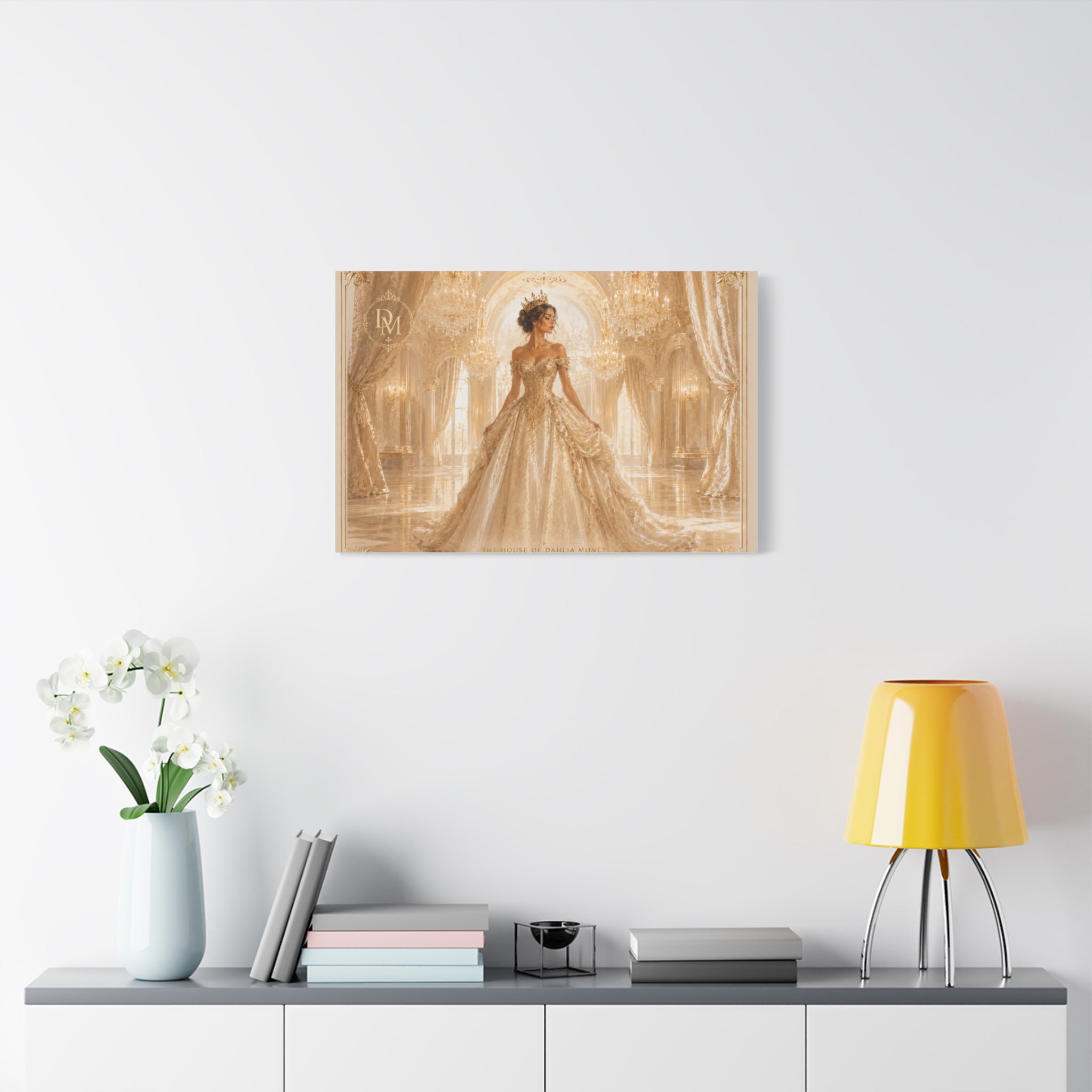 Regal Golden Ballroom Canvas Print — Elegant Princess Gown Wall Art