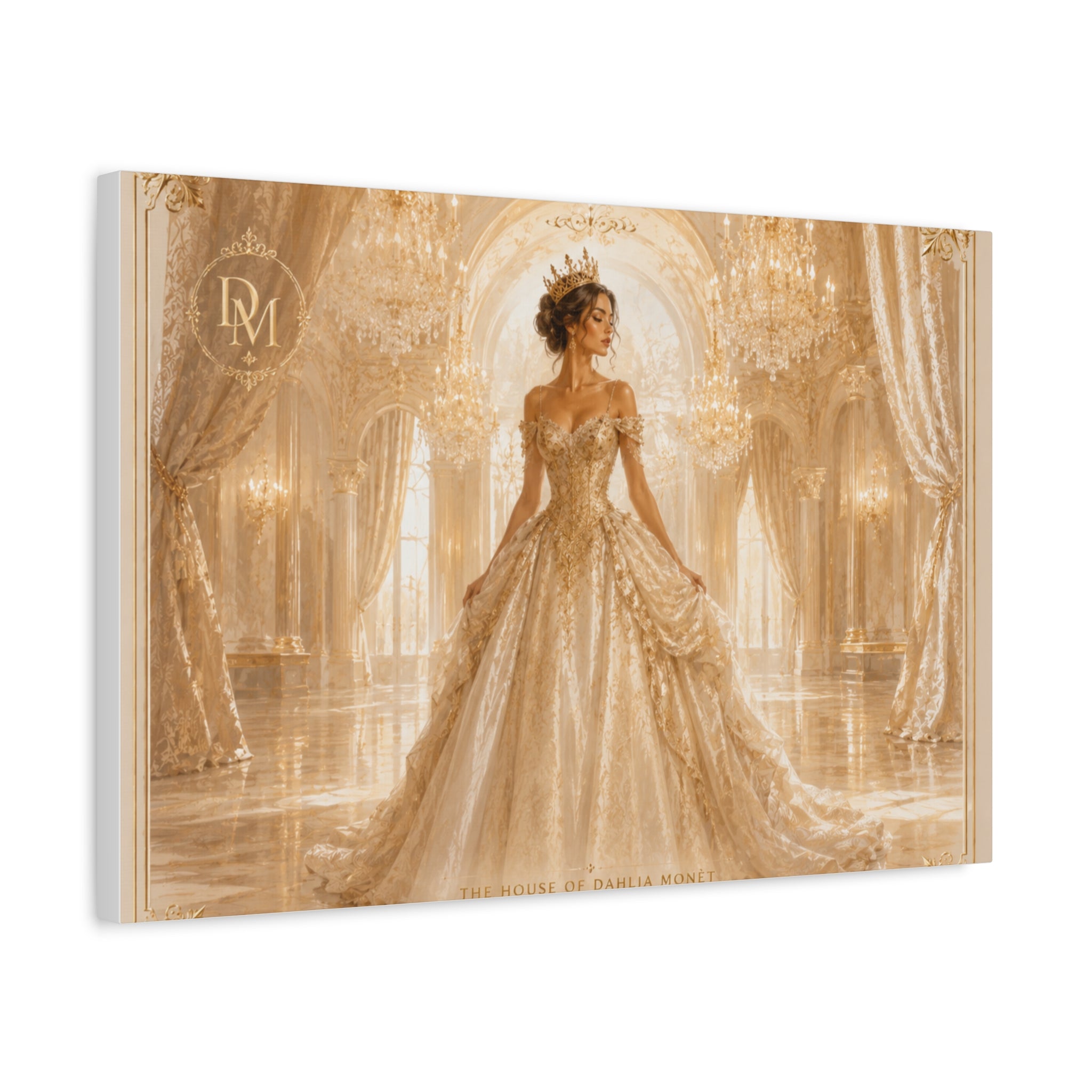 Regal Golden Ballroom Canvas Print — Elegant Princess Gown Wall Art