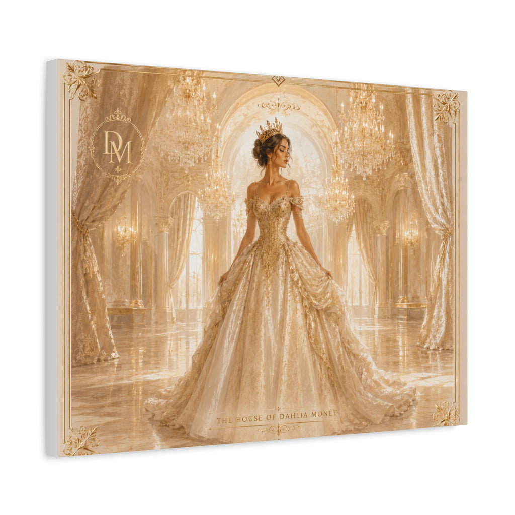 Regal Golden Ballroom Canvas Print — Elegant Princess Gown Wall Art