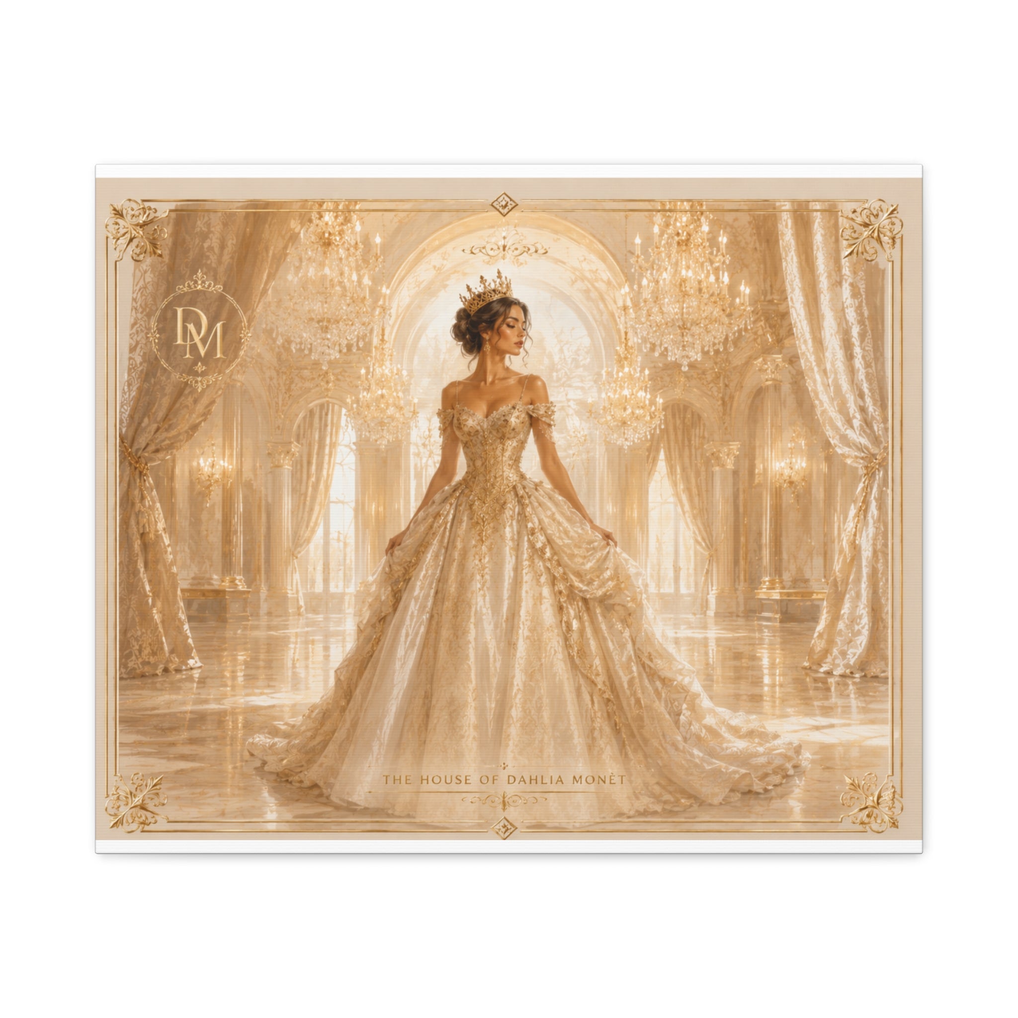 Regal Golden Ballroom Canvas Print — Elegant Princess Gown Wall Art