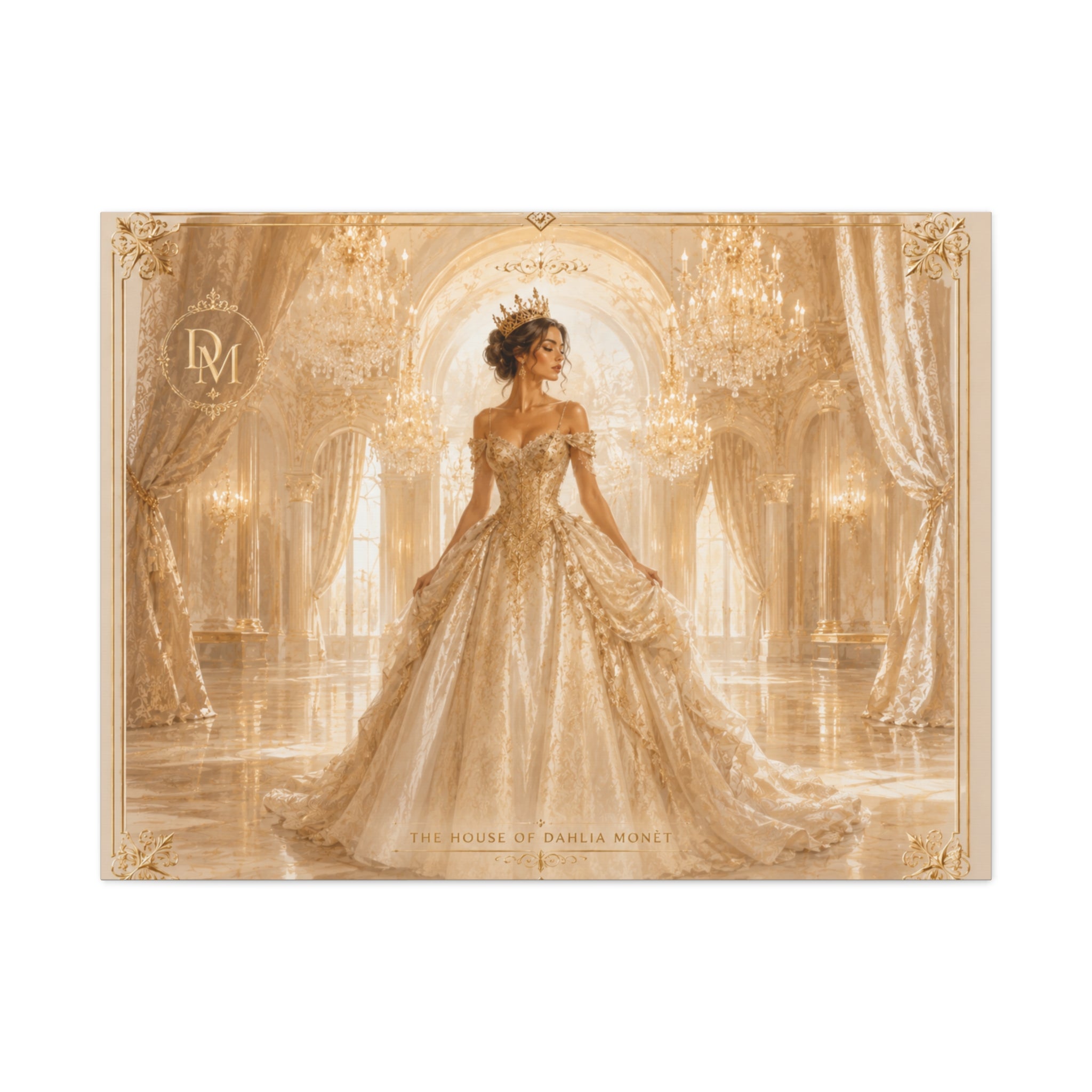 Regal Golden Ballroom Canvas Print — Elegant Princess Gown Wall Art