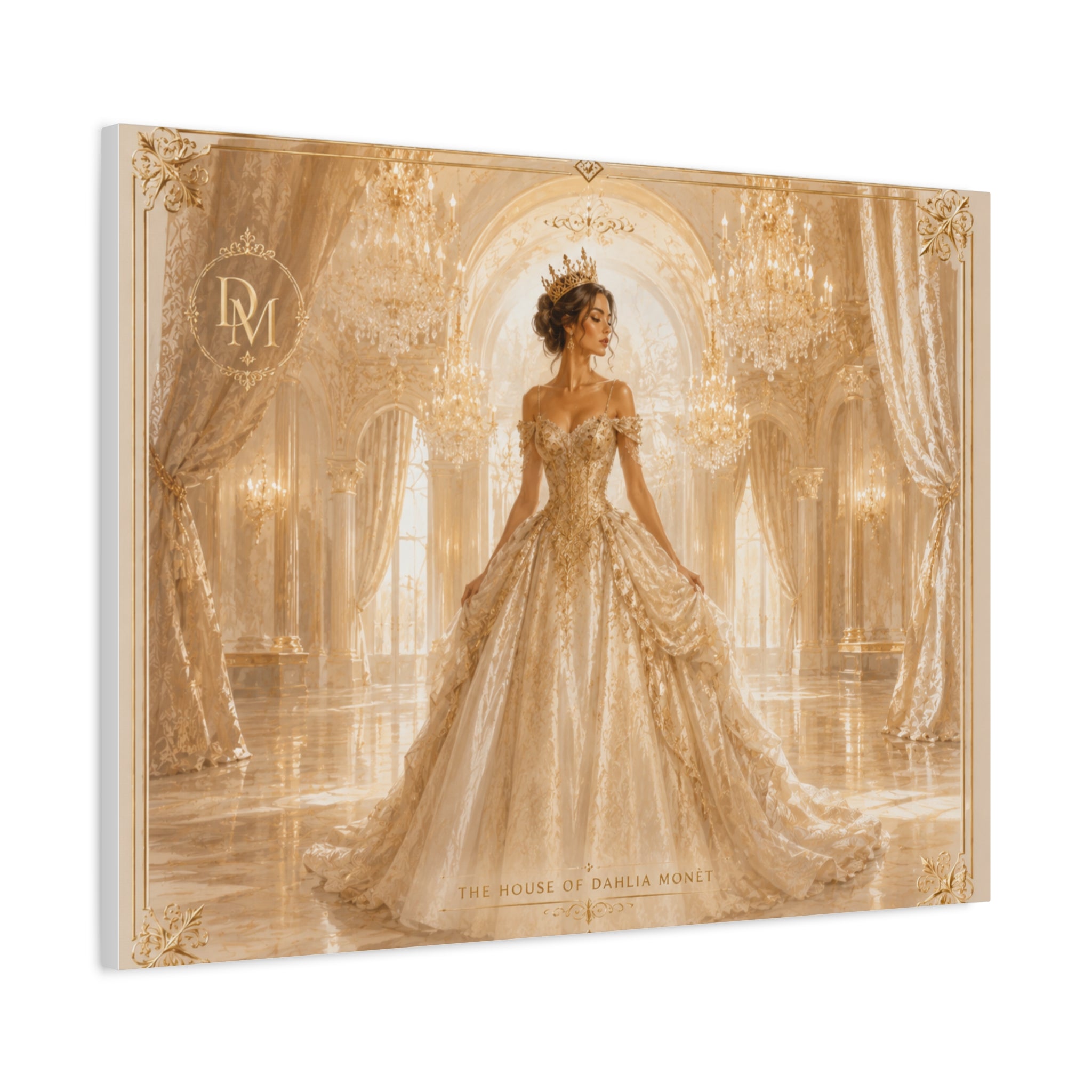 Regal Golden Ballroom Canvas Print — Elegant Princess Gown Wall Art