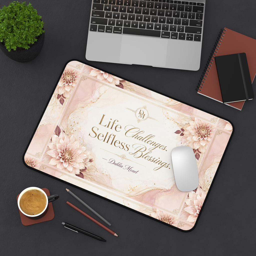 Inspirational Floral Desk Mat — “Life Challenges. Selfless Blessings.” Motivational Office Mousepad