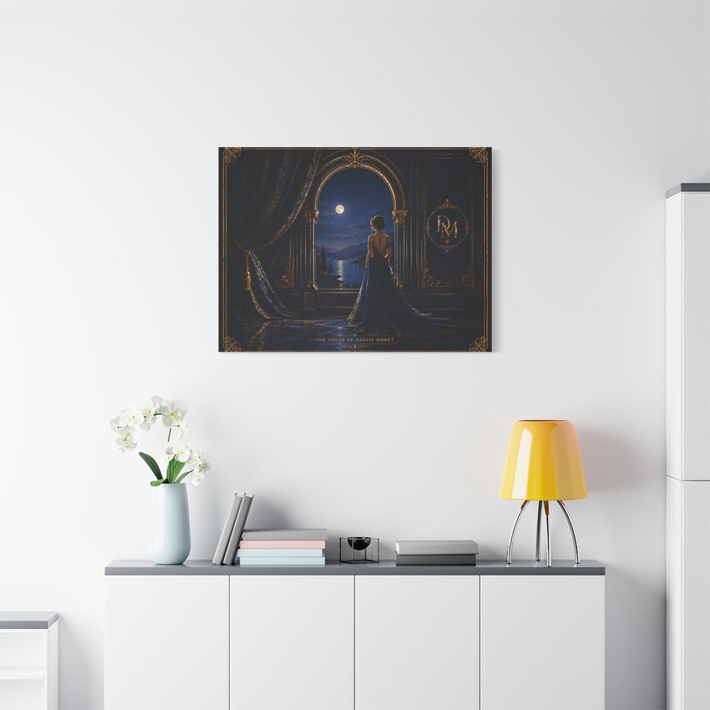 Moonlit Elegance Canvas Print — Woman in Gown by Window (Matte Stretched)