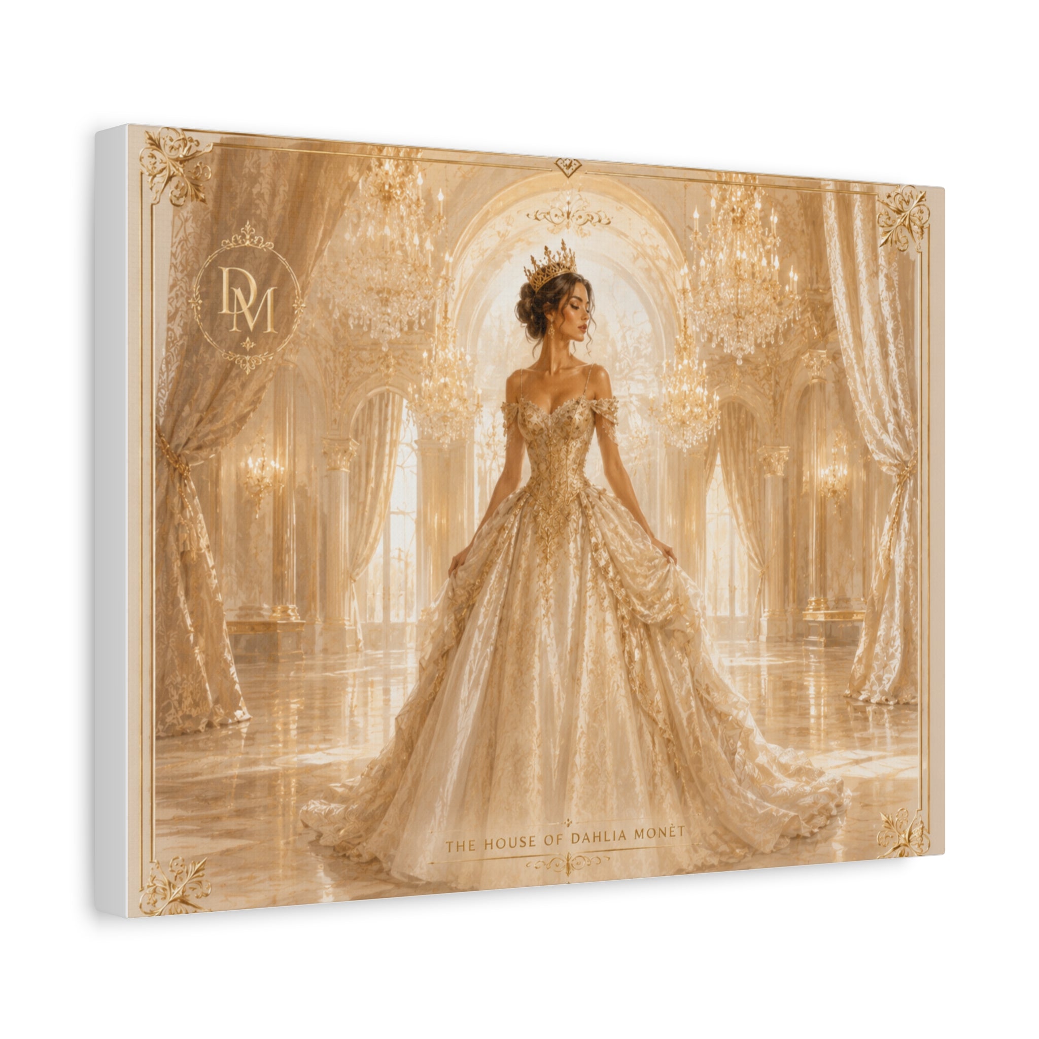 Regal Golden Ballroom Canvas Print — Elegant Princess Gown Wall Art