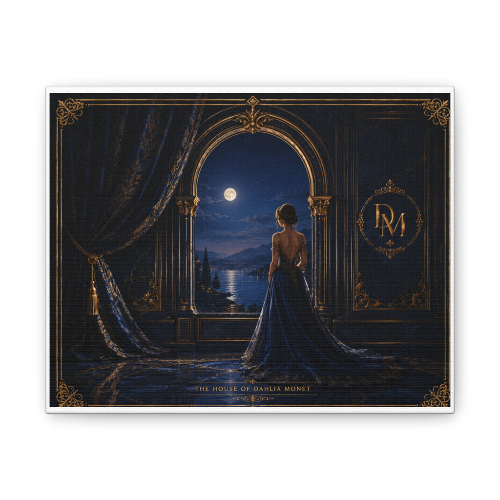 Stretched Canvas: Moonlit Balcony Lady — Elegant Romantic Wall Art