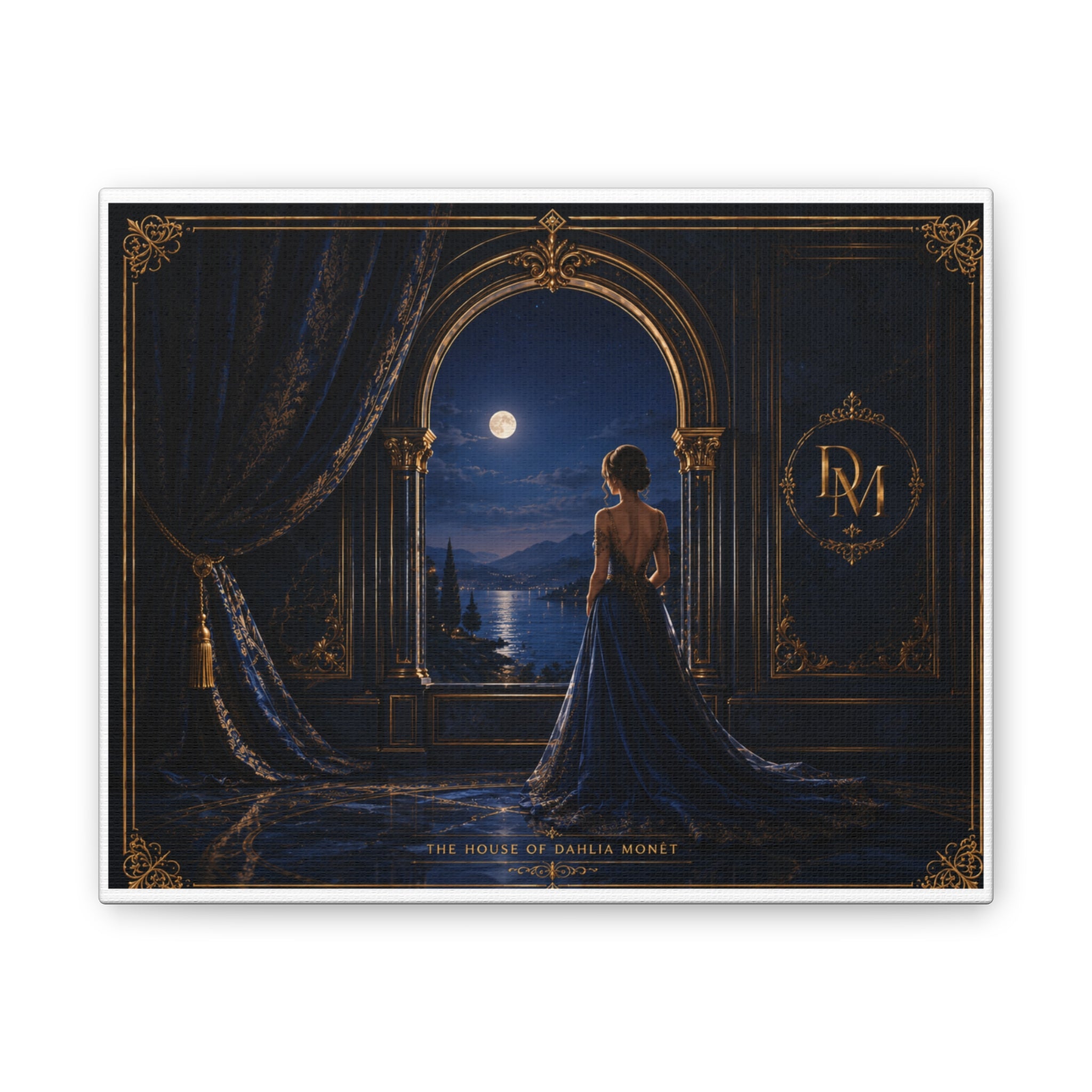 Stretched Canvas: Moonlit Balcony Lady — Elegant Romantic Wall Art