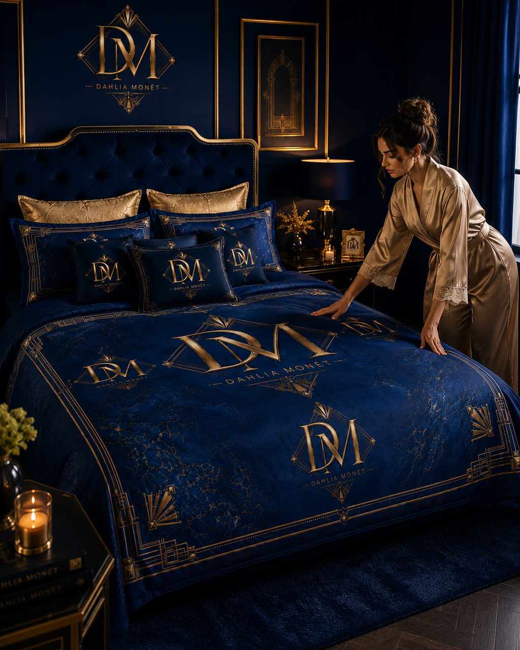Dahlia Monèt Signature Monogram Bed Set – Luxury Navy & Gold Cotton Bedding